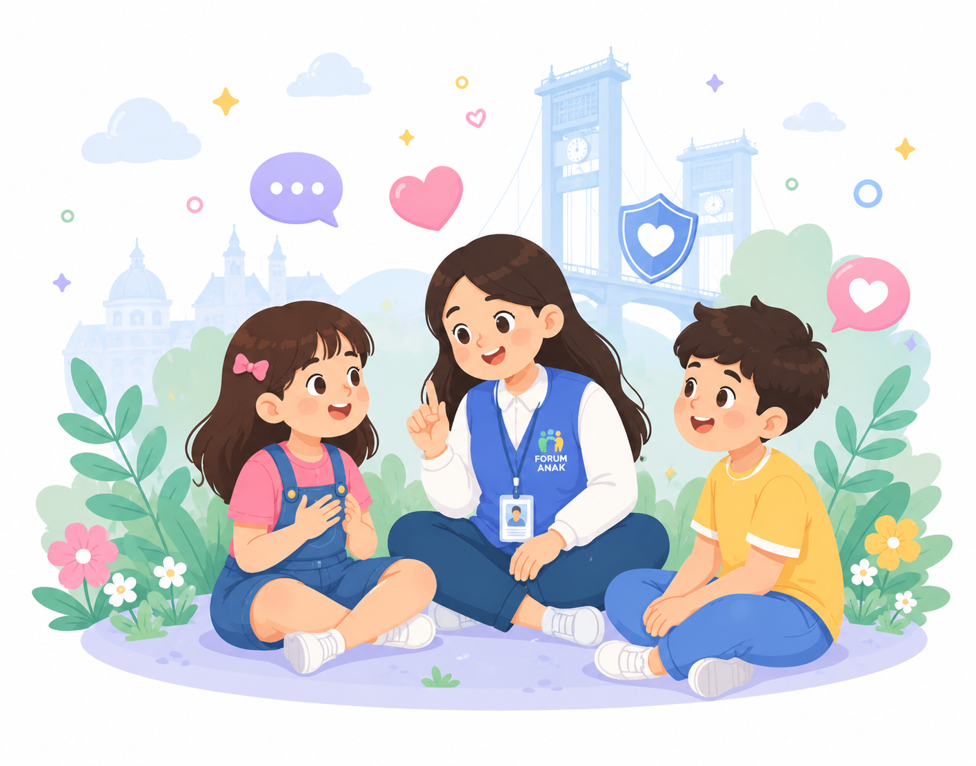 Ilustrasi dua anak dan pendamping Forum Anak sedang berbicara dengan ramah